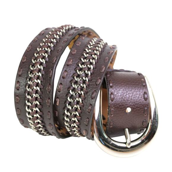 Michael Kors BROWN REAL LEATHER 1 5/8"Wd CHAIN STITCH CASUAL DRESS BELT Sz M B33 - Picture 8 of 14